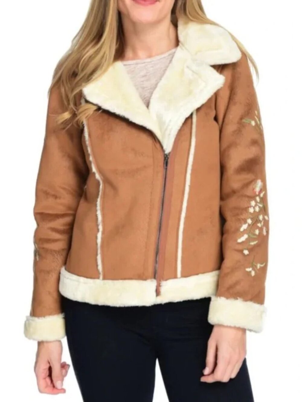 Solitaire Faux Suede Aviator Jacket XL Brown Cream Floral Embroidered Moto